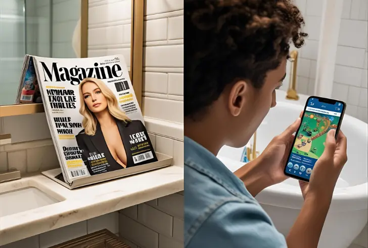 Phone replaces book in bathroom